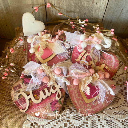 SET OF 4 – Pink & Cream Heart Ornaments or Bowl Filers - (Set 1)
