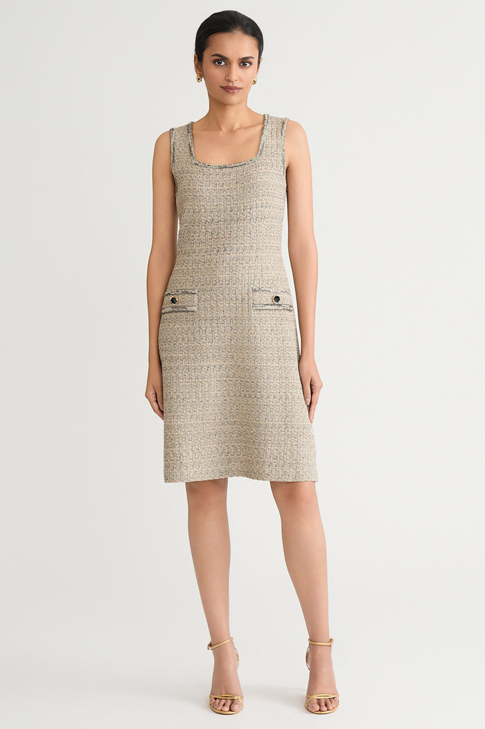 Shimmer A-Line Tweed Knit Dress, Gold/Black | Ming Wang