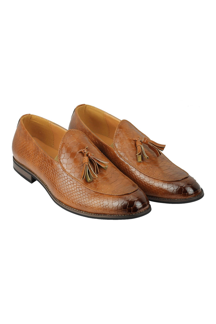 SHINY FAUX LEATHER PRINTED TASSEL LOAFERS