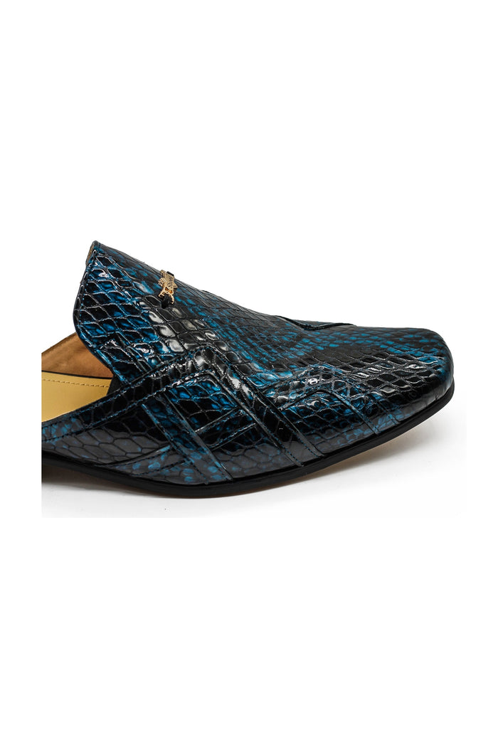 Shiny Patent Real Leather Printed Half Shoes in Blue