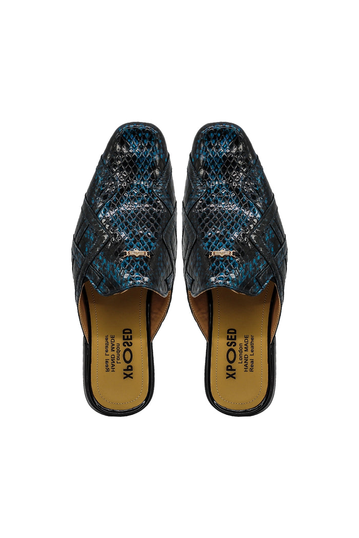 Shiny Patent Real Leather Printed Half Shoes in Blue