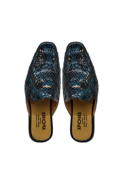Shiny Patent Real Leather Printed Half Shoes in Blue