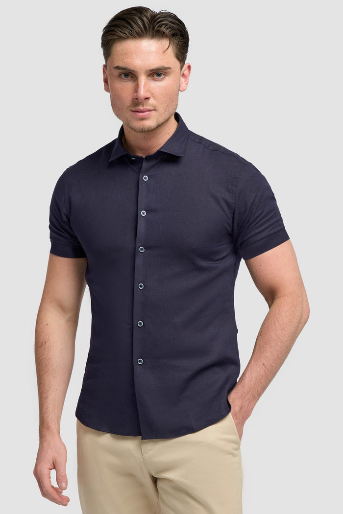 Short Sleeve Linen Blend Shirt Navy - Matera