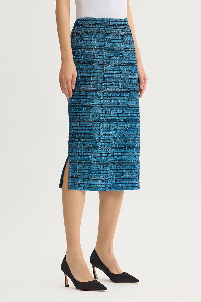 Side Slit Tweed Knit Pencil Skirt, Deep Teal/Tranquil Blue/Lunar Rock/Black | Ming Wang