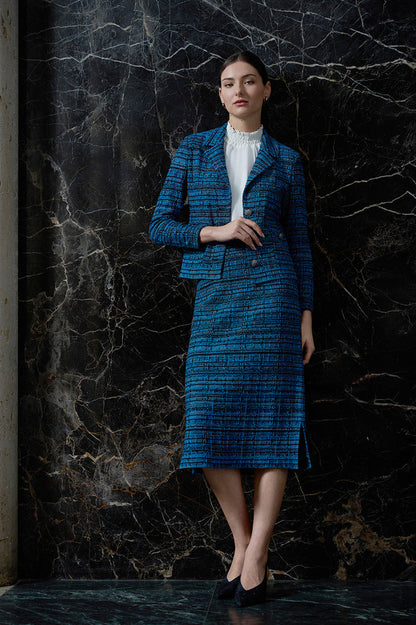 Side Slit Tweed Knit Pencil Skirt, Deep Teal/Tranquil Blue/Lunar Rock/Black | Ming Wang