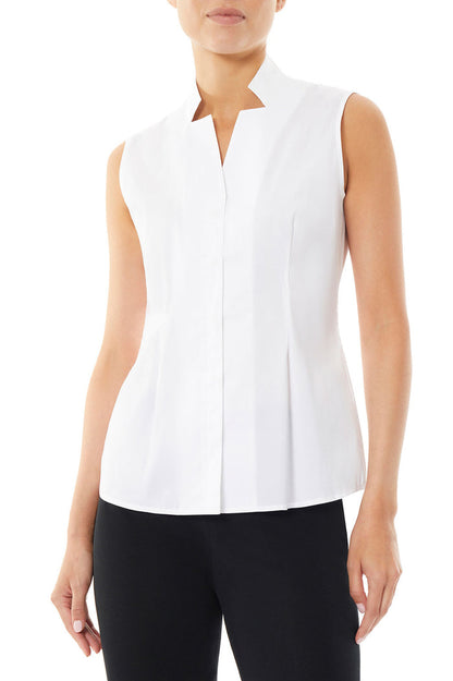 Sleeveless Notched Collar Stretch Cotton Shirt, White | Ming Wang