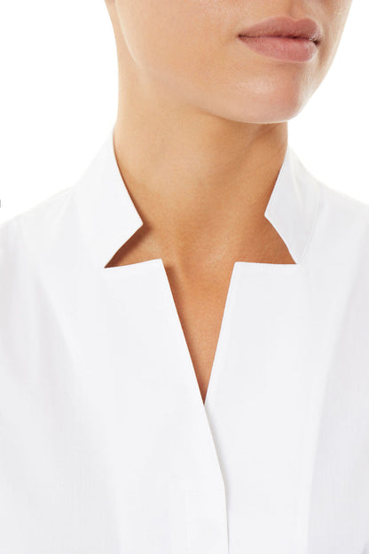 Sleeveless Notched Collar Stretch Cotton Shirt, White | Ming Wang