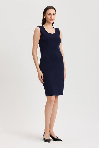 Sleeveless Sheath Knit Dress, Indigo, Indigo | Ming Wang