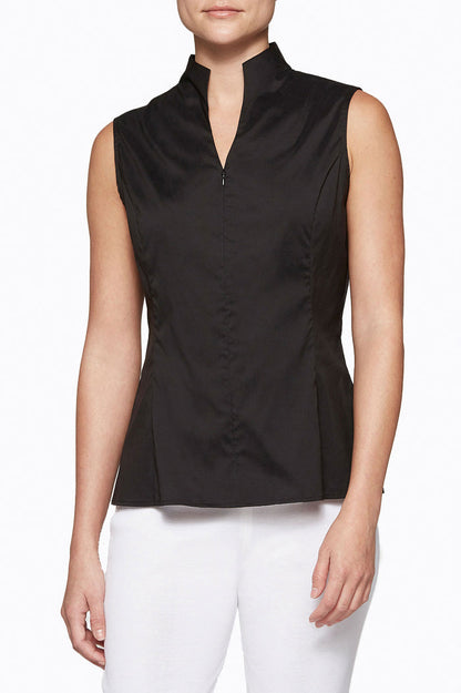 Sleeveless Zip-Up Stretch Cotton Shirt, Black | Ming Wang