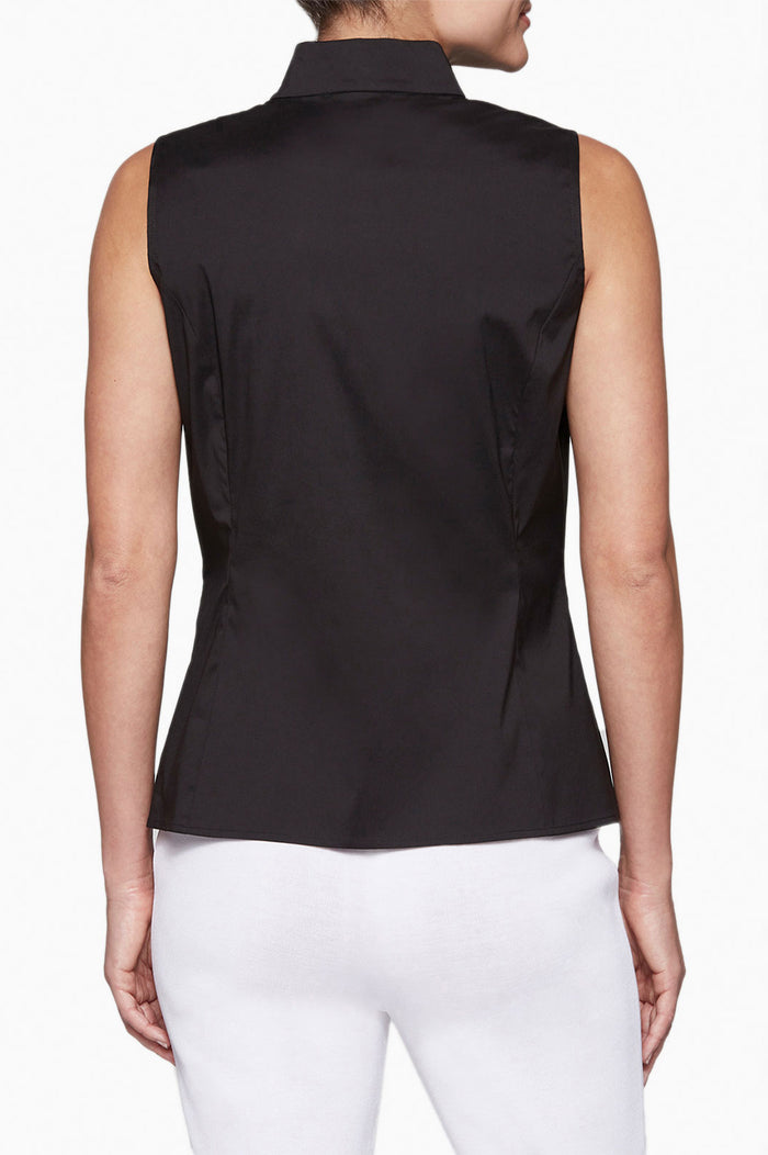 Sleeveless Zip-Up Stretch Cotton Shirt, Black | Ming Wang