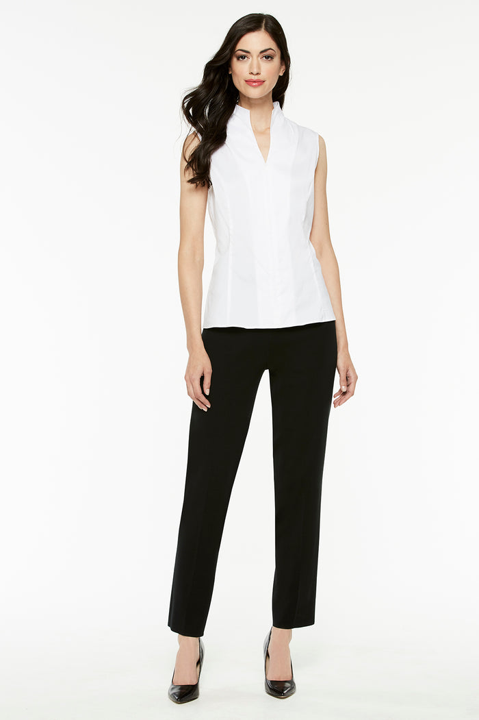 Sleeveless Zip-Up Stretch Cotton Shirt, White | Ming Wang