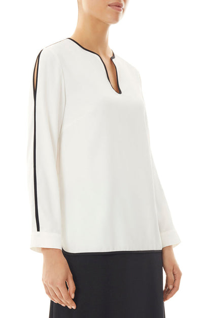 Slit Sleeve Crepe de Chine Blouse, White/Black | Ming Wang