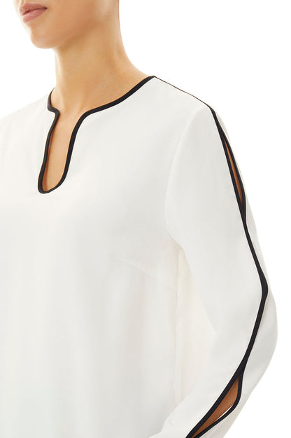 Slit Sleeve Crepe de Chine Blouse, White/Black | Ming Wang