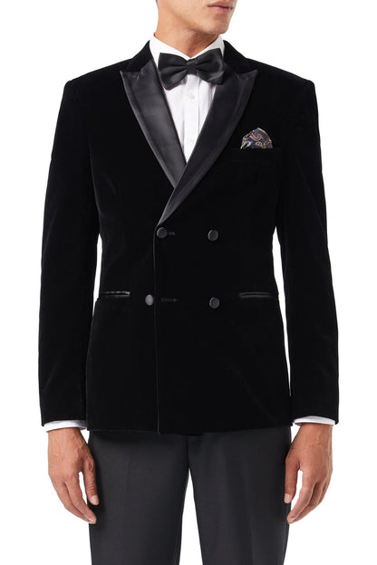 Men's Smith Black Double Breasted Velvet Tuxedo 4-Piece Suit Bundle