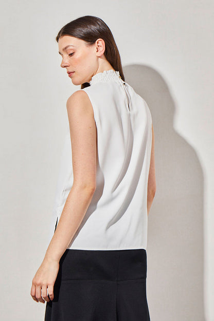 Smocked Neckline Crepe de Chine Blouse, White | Ming Wang