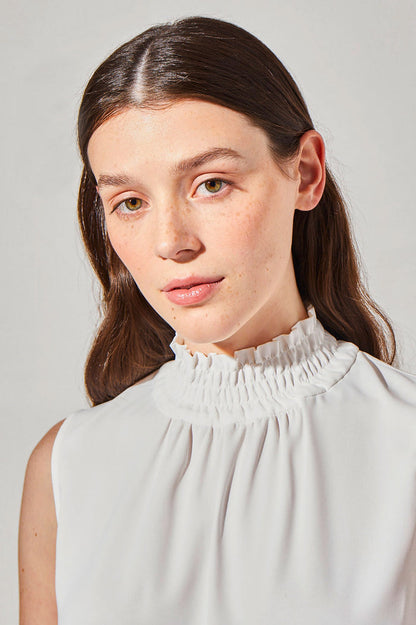 Smocked Neckline Crepe de Chine Blouse, White | Ming Wang