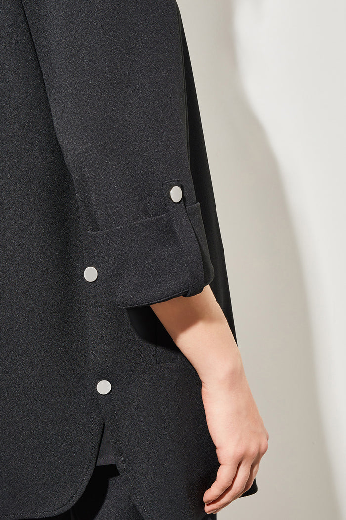 Snap Detail Zip-Up Deco Crepe Jacket, Black | Ming Wang