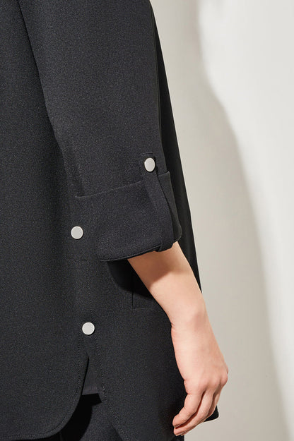 Snap Detail Zip-Up Deco Crepe Jacket, Black | Ming Wang