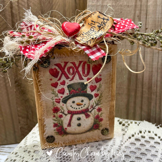 Snowman Valentine XOXO Block #2 ~ Decor Shelf Sitter