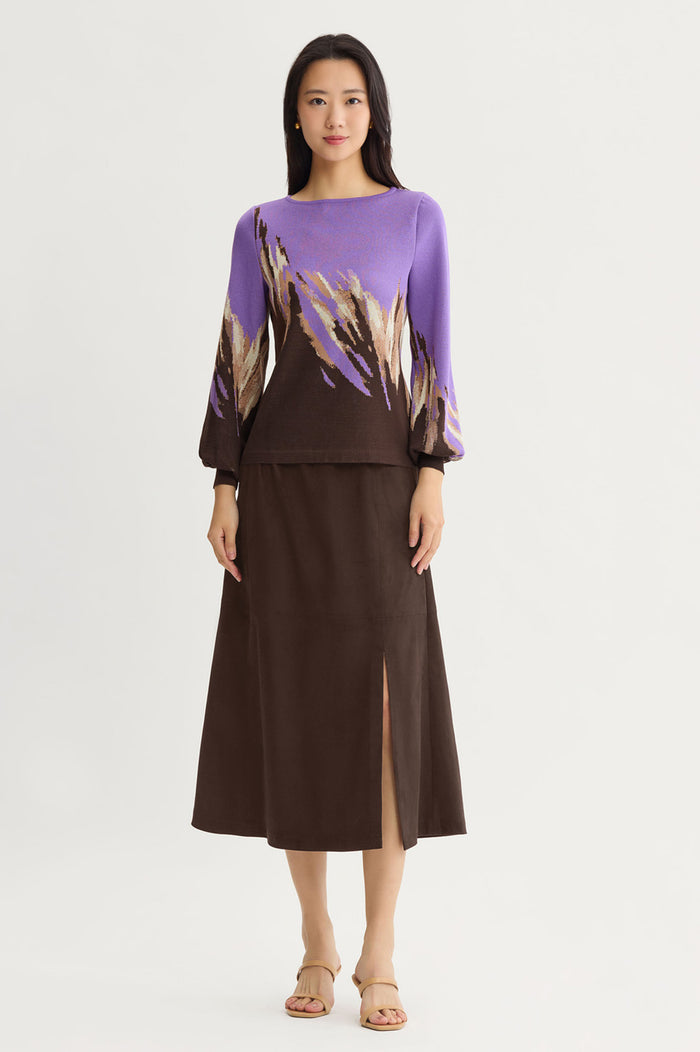 Soft Jacquard Knit Top, Sunset Purple/Dark Umber/Warm Taupe/French Almond/Black | Ming Wang