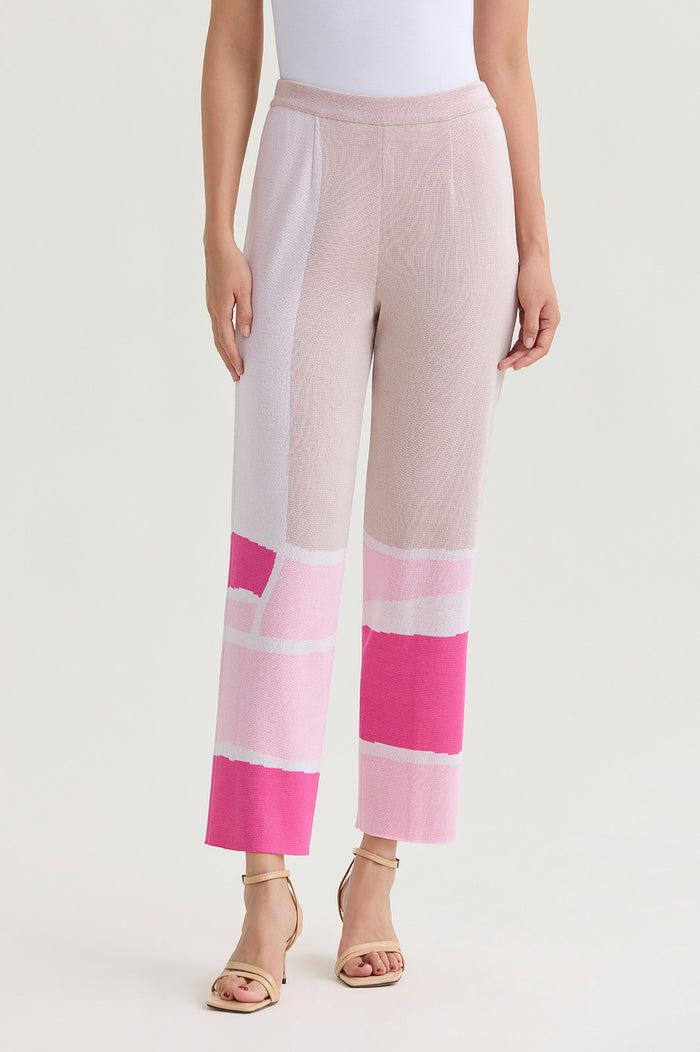 Soft Knit Straight-Leg Colorblock Ankle Pants, Carmine Rose/Perfect Pink/Limestone/White | Ming Wang