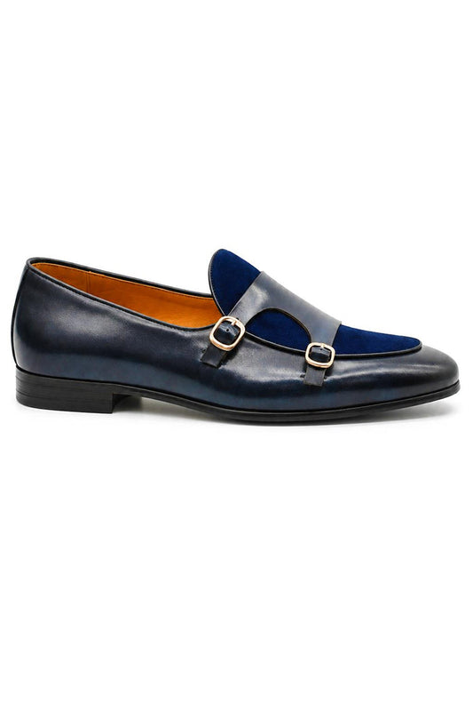 SOREN Men’s Navy Blue Leather & Suede Double Monk Shoes