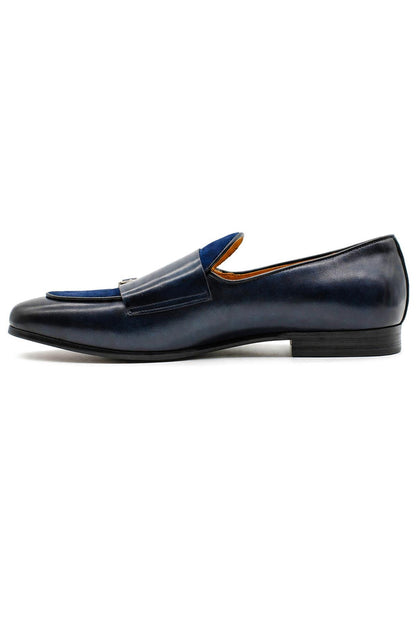SOREN Men’s Navy Blue Leather & Suede Double Monk Shoes