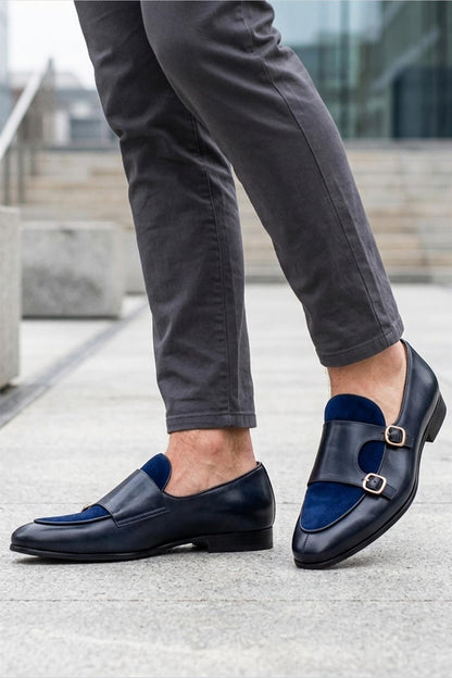 SOREN Men’s Navy Blue Leather & Suede Double Monk Shoes
