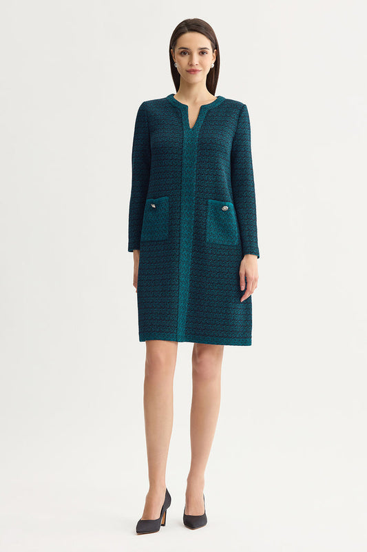 Split V-Neck Jacquard Knit Dress, Deep Teal/Black | Ming Wang