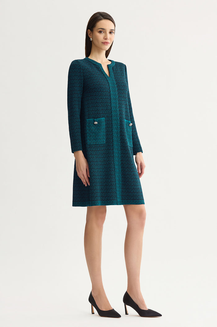 Split V-Neck Jacquard Knit Dress, Deep Teal/Black | Ming Wang