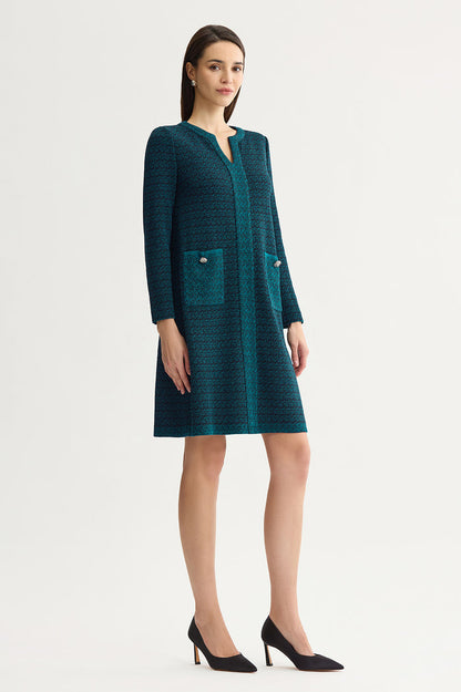 Split V-Neck Jacquard Knit Dress, Deep Teal/Black | Ming Wang