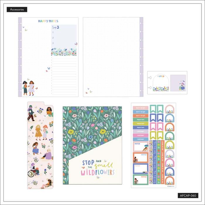 Squad Goals Love Every Season - Classic Accessory Pack featuring colorful floral and butterfly designs, illustrated characters, note pages, stickers, and a cover with the phrase "Stop and Smell the Wildflowers" for Happy Planner disc-bound planners.