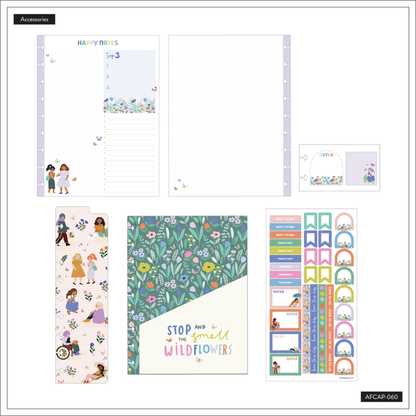 Squad Goals Love Every Season - Classic Accessory Pack featuring colorful floral and butterfly designs, illustrated characters, note pages, stickers, and a cover with the phrase "Stop and Smell the Wildflowers" for Happy Planner disc-bound planners.