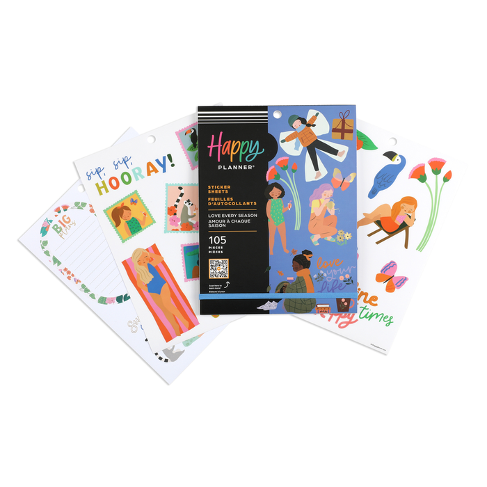 Happy Planner sticker sheet pack featuring colorful, playful designs of diverse characters and seasonal elements, labeled Squad Goals Love Every Season - Large Value Pack Stickers.
