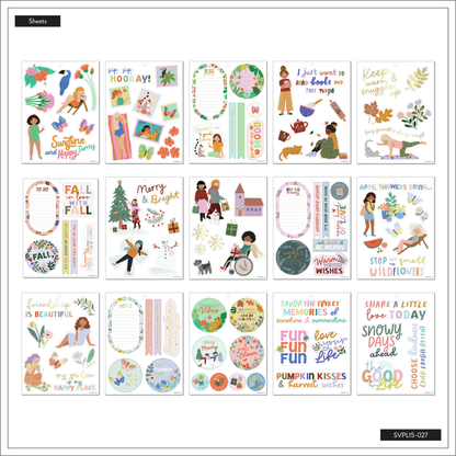 Sheet layout featuring colorful illustrated stickers with seasonal themes including summer, fall, winter, and spring, designed for use with planners and journals titled Squad Goals Love Every Season - Large Value Pack Stickers.