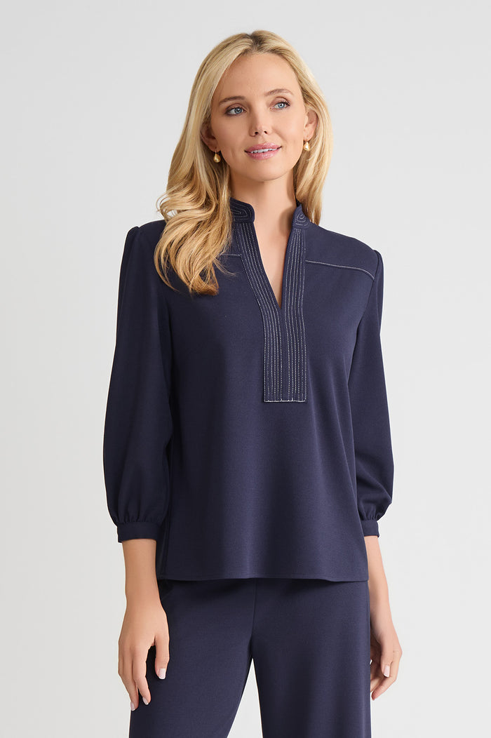 Stretch Deco Crepe Balloon Sleeve Blouse, Indigo, Indigo/White | Ming Wang
