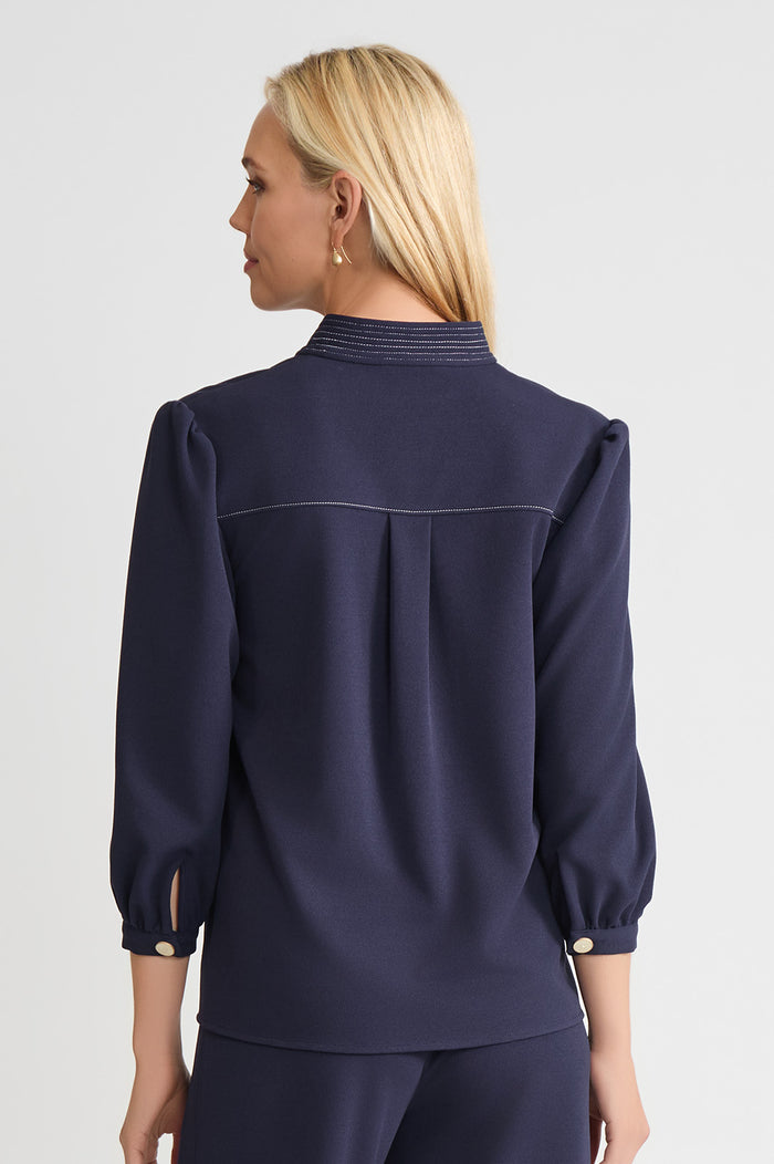 Stretch Deco Crepe Balloon Sleeve Blouse, Indigo, Indigo/White | Ming Wang