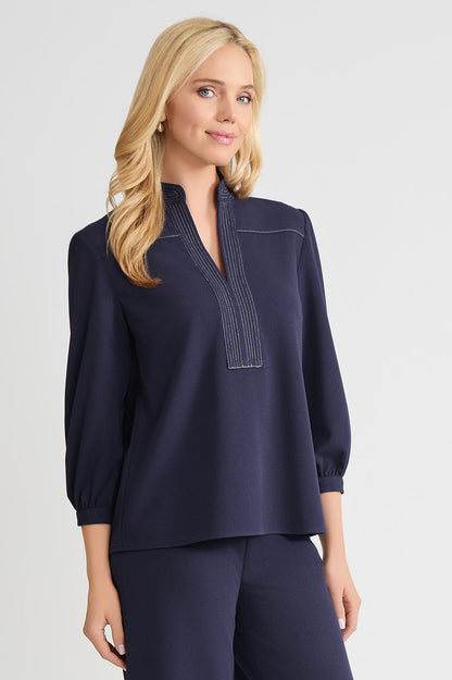 Stretch Deco Crepe Balloon Sleeve Blouse, Indigo, Indigo/White | Ming Wang