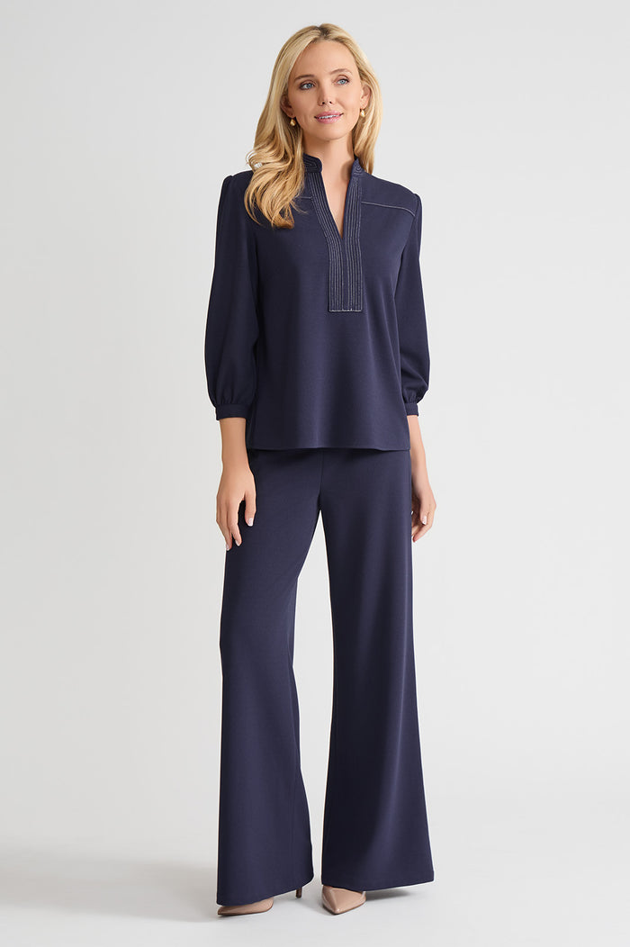 Stretch Deco Crepe Balloon Sleeve Blouse, Indigo, Indigo/White | Ming Wang