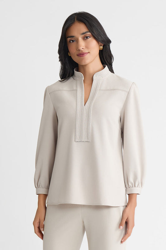Stretch Deco Crepe Balloon Sleeve Blouse, Limestone, Limestone/Black | Ming Wang