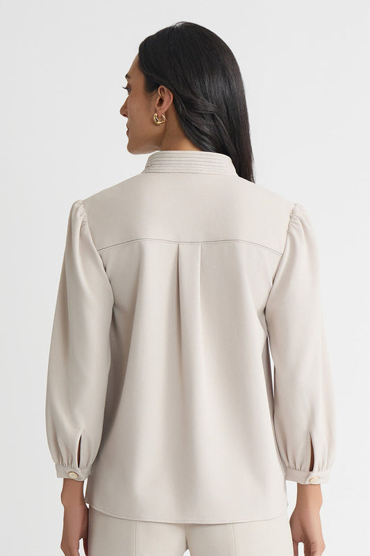 Stretch Deco Crepe Balloon Sleeve Blouse, Limestone, Limestone/Black | Ming Wang