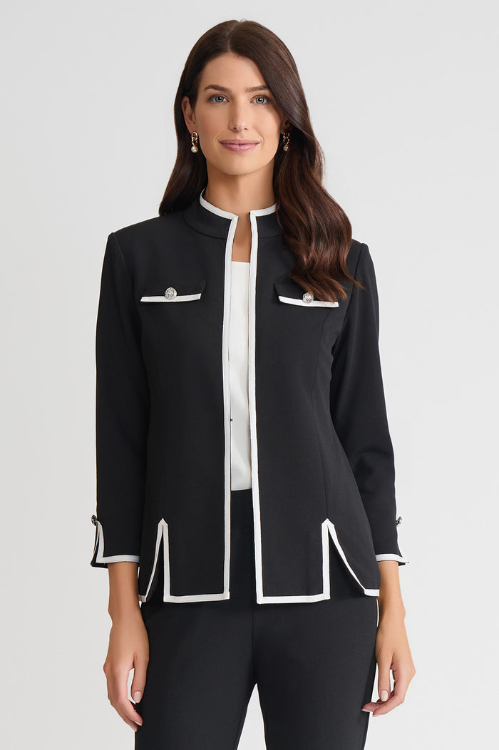 Tailored Stretch Deco Crepe Contrast Trim Jacket, Black/White | Ming Wang