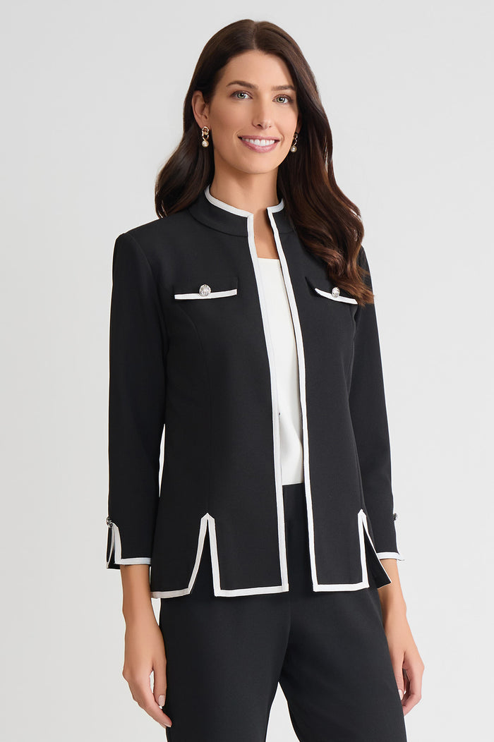 Tailored Stretch Deco Crepe Contrast Trim Jacket, Black/White | Ming Wang