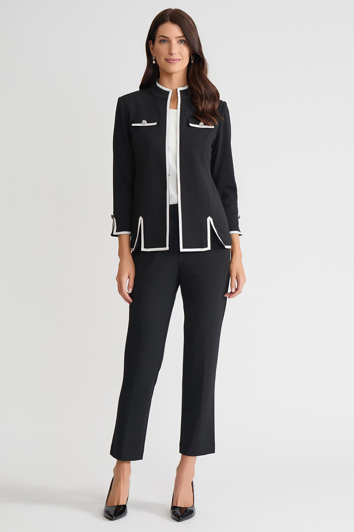 Tailored Stretch Deco Crepe Contrast Trim Jacket, Black/White | Ming Wang