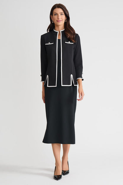 Tailored Stretch Deco Crepe Contrast Trim Jacket, Black/White | Ming Wang