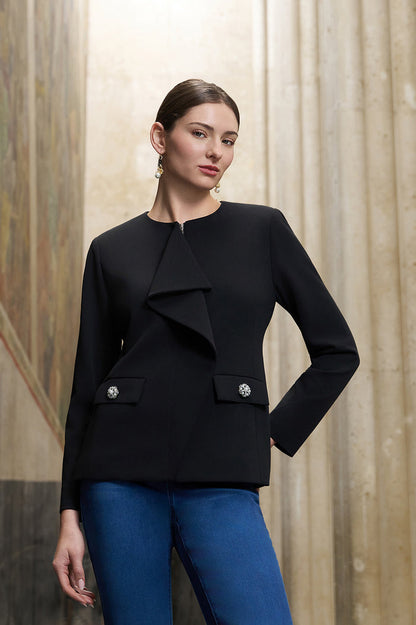 Stretch Deco Crepe Drape Front Jacket, Black | Ming Wang