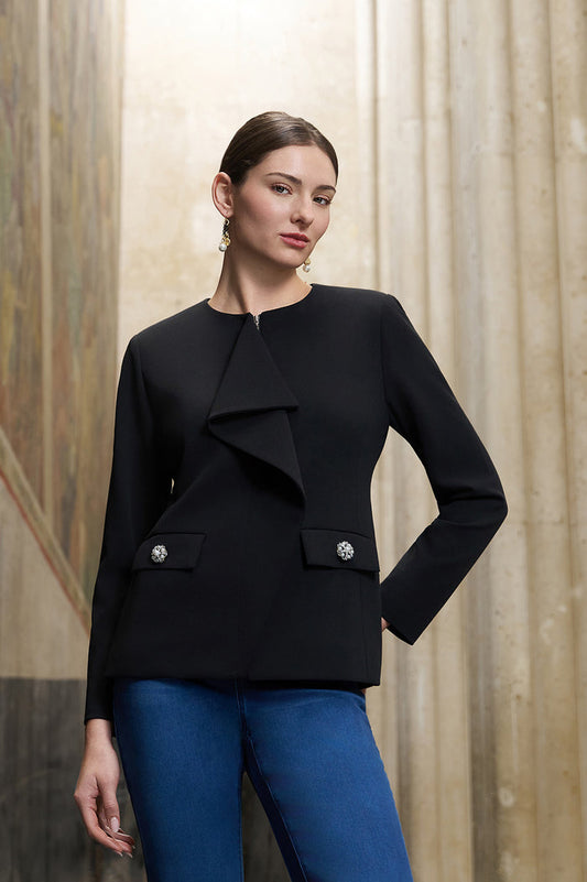 Stretch Deco Crepe Drape Front Jacket, Black | Ming Wang