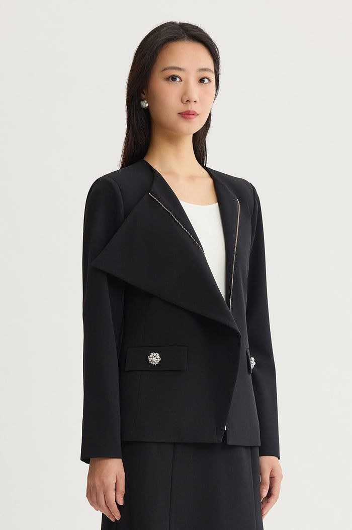 Stretch Deco Crepe Drape Front Jacket, Black | Ming Wang