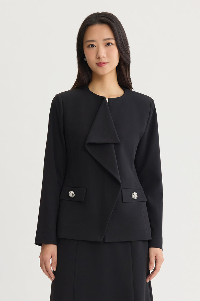 Stretch Deco Crepe Drape Front Jacket, Black | Ming Wang
