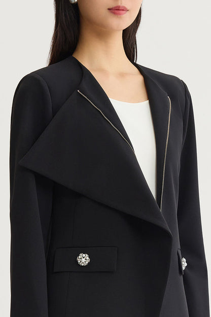 Stretch Deco Crepe Drape Front Jacket, Black | Ming Wang